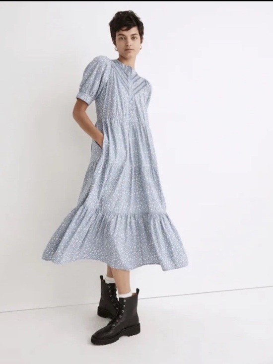 Madewell Dresses & Skirts - Madewell Midi Dress Embroidered Puff Sleeve Blue Ruffled M Cottage NH076